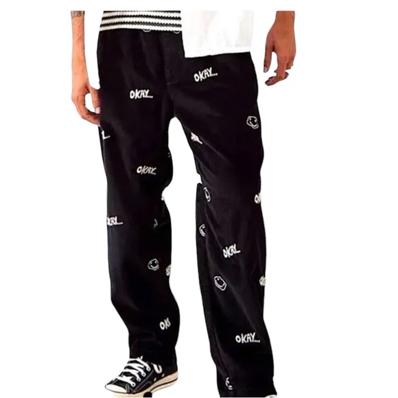 Urban Outfitters Men’s Corduroy Navy Blue Smiley Faces OKAY Embroidered Small - Picture 1 of 16